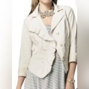 CABI women’s L #325 Ruffle Up Ivory Waxed Linen Asymmetrical Jacket Coat Blazer